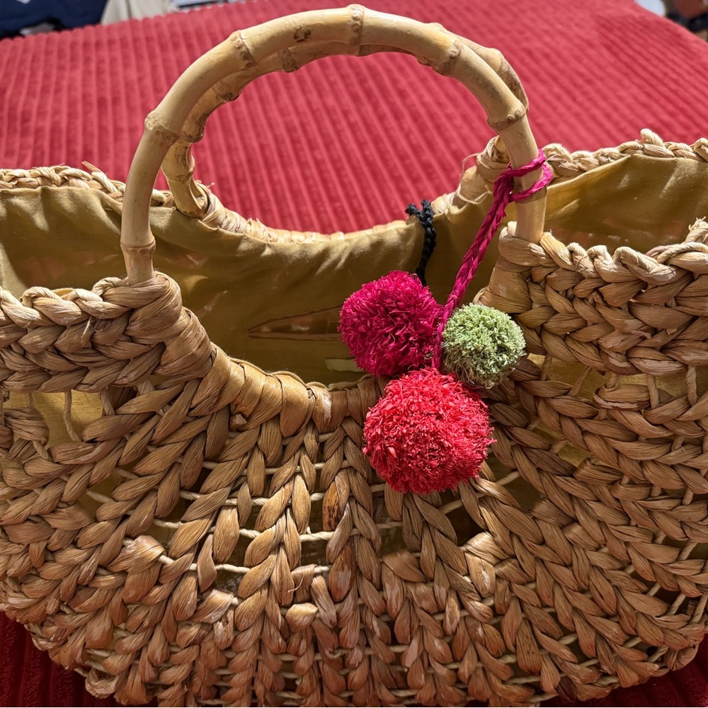 Target Natural Woven Tote with Colorful Pom Poms